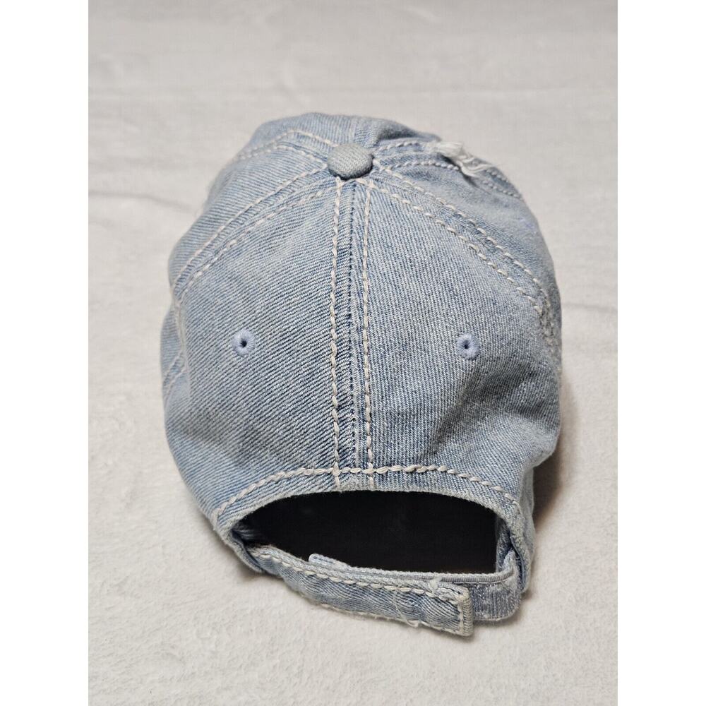 Kbethos Vintage Happy Camper Baseball Cap Hat Denim Distressed Embroidered EUC w - Picture 4 of 8
